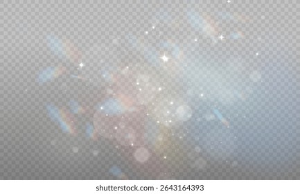 Glowing light bursts with sparkles and glitter. Set of lens flares, sun flash, stars, and bright glow effects. Abstract lighting rays and vibrant spark elements. Vector illustration.