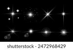 Glowing light bursts with sparkles. Glow light effect set, lens flare, explosion, glitter, line, sun flash, spark and star. Abstract image of lighting flare and white stars. Vector illustration