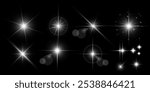 Glowing light bursts with sparkles. Glow light effect set, lens flare, explosion, glitter, line, sun flash, spark and star. Abstract image of lighting flare and white stars. Vector illustration