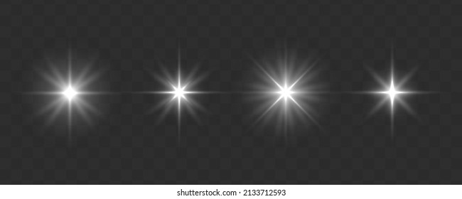 Glowing light bursts with sparkles. Glow light effect set, lens flare, explosion, glitter, line, sun flash, spark and star. Abstract image of lighting flare and white stars. Vector illustration.