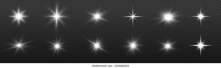 Glowing light bursts with sparkles. Glow light effect set, lens flare, explosion, glitter, line, sun flash, spark and star. Abstract image of lighting flare and white stars. Vector illustration.
