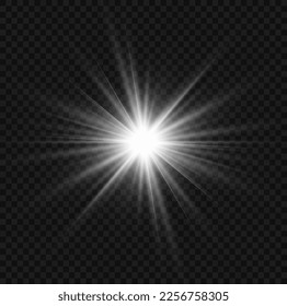 Glowing light bursts with sparkles. Glow light effect set, lens flare, explosion, glitter, line, sun flash, spark and star. Abstract image of lighting flare and white stars. Vector illustration.