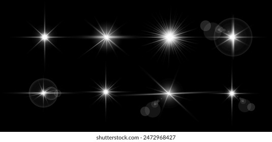 La luz brillante se revienta con destellos. Conjunto de efectos de luz brillante, destello de lente, explosión, brillo, línea, flash de sol, chispa y estrella. Abstractas Imagen de la bengala luminosa y las estrellas blancas. Ilustración vectorial