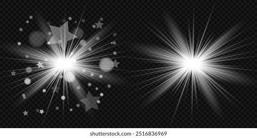Glowing light bursts with sparkles. Glow light effect set, lens flare, explosion, glitter, line, sun flash, spark and star. Abstract image of lighting flare and white stars. Vector illustration
