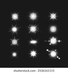 Gloeiend licht barst van de vonken. Glow light effect set, lens flare, explosie, glitter, lijn, zon flits, vonk en ster. Abstract beeld van lichtflare en witte sterren. Vectorillustratie