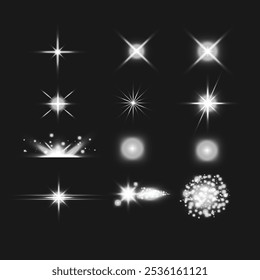 Gloeiend licht barst van de vonken. Glow light effect set, lens flare, explosie, glitter, lijn, zon flits, vonk en ster. Abstract beeld van lichtflare en witte sterren. Vectorillustratie