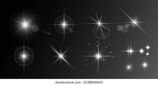 Glühendes Licht bricht mit Funkeln. Glühlichteffekt Set, Linsenfackel, Explosion, Glitter, Linie, Sonnenblitz, Funken und Stern. Abstraktes Bild von Lichtfackel und weißen Sternen. Vektorgrafik