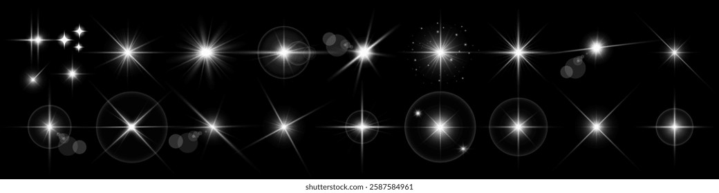 Glowing light bursts with sparkles. Glow light effect set, lens flare, explosion, glitter, line, sun flash, spark and star. Abstract image of lighting flare and white stars. Vector illustration