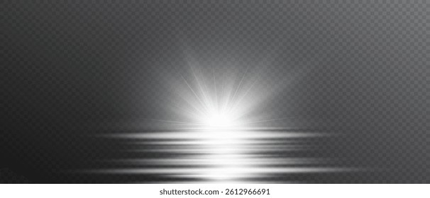 Glowing light bursts with sparkles. Glow light effect overlay, glitter, lens flare, explosion, sun flash, line, spark and star. Abstract image of flare light and white stars. Vector illustration