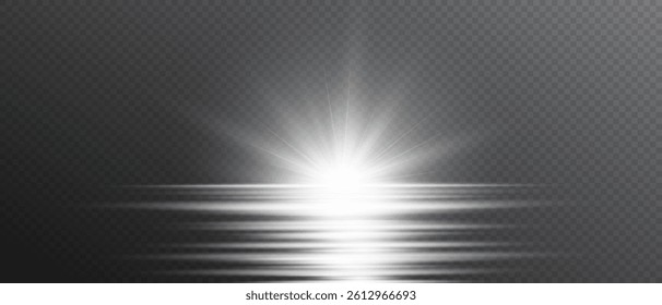 Glowing light bursts with sparkles. Glow light effect overlay, glitter, lens flare, explosion, sun flash, line, spark and star. Abstract image of flare light and white stars. Vector illustration