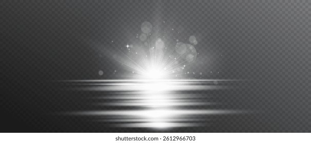 Glowing light bursts with sparkles. Glow light effect overlay, glitter, lens flare, explosion, sun flash, line, spark and star. Abstract image of flare light and white stars. Vector illustration