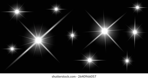 Glowing light bursts with sparkles. Glow light effect set, lens flare, explosion, glitter, line, sun flash, spark and star.