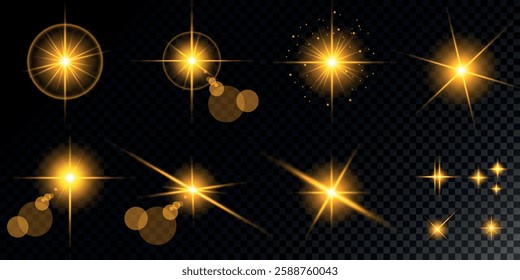 Glowing light bursts with sparks. A set of radiant glow effects, lens flare, explosion, brilliance, light streaks, solar flare, spark, and star. A stunning abstract image of bright flashes and shimmer