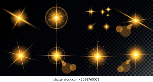 Glowing light bursts with sparks. A set of radiant glow effects, lens flare, explosion, brilliance, light streaks, solar flare, spark, and star. A stunning abstract image of bright flashes and shimmer