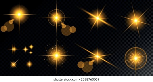 Glowing light bursts with sparks. A set of radiant glow effects, lens flare, explosion, brilliance, light streaks, solar flare, spark, and star. A stunning abstract image of bright flashes and shimmer