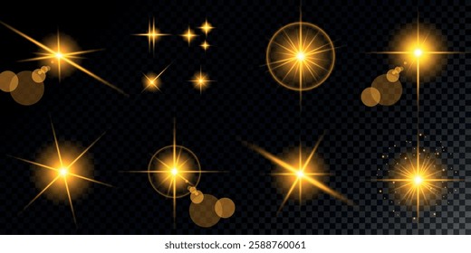 Glowing light bursts with sparks. A set of radiant glow effects, lens flare, explosion, brilliance, light streaks, solar flare, spark, and star. A stunning abstract image of bright flashes and shimmer
