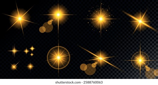 Glowing light bursts with sparks. A set of radiant glow effects, lens flare, explosion, brilliance, light streaks, solar flare, spark, and star. A stunning abstract image of bright flashes and shimmer