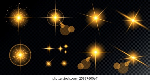 Glowing light bursts with sparks. A set of radiant glow effects, lens flare, explosion, brilliance, light streaks, solar flare, spark, and star. A stunning abstract image of bright flashes and shimmer