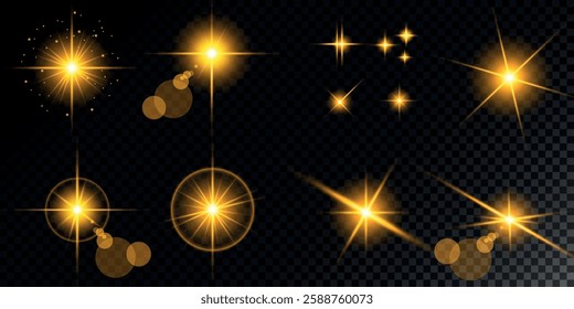 Glowing light bursts with sparks. A set of radiant glow effects, lens flare, explosion, brilliance, light streaks, solar flare, spark, and star. A stunning abstract image of bright flashes and shimmer