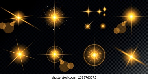 Glowing light bursts with sparks. A set of radiant glow effects, lens flare, explosion, brilliance, light streaks, solar flare, spark, and star. A stunning abstract image of bright flashes and shimmer