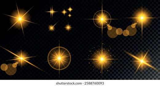 Glowing light bursts with sparks. A set of radiant glow effects, lens flare, explosion, brilliance, light streaks, solar flare, spark, and star. A stunning abstract image of bright flashes and shimmer
