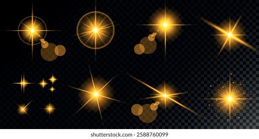 Glowing light bursts with sparks. A set of radiant glow effects, lens flare, explosion, brilliance, light streaks, solar flare, spark, and star. A stunning abstract image of bright flashes and shimmer