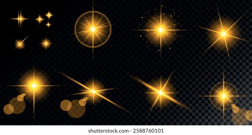 Glowing light bursts with sparks. A set of radiant glow effects, lens flare, explosion, brilliance, light streaks, solar flare, spark, and star. A stunning abstract image of bright flashes and shimmer