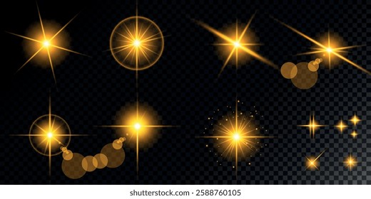 Glowing light bursts with sparks. A set of radiant glow effects, lens flare, explosion, brilliance, light streaks, solar flare, spark, and star. A stunning abstract image of bright flashes and shimmer