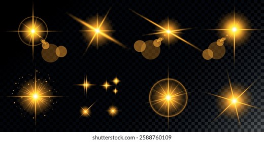 Glowing light bursts with sparks. A set of radiant glow effects, lens flare, explosion, brilliance, light streaks, solar flare, spark, and star. A stunning abstract image of bright flashes and shimmer