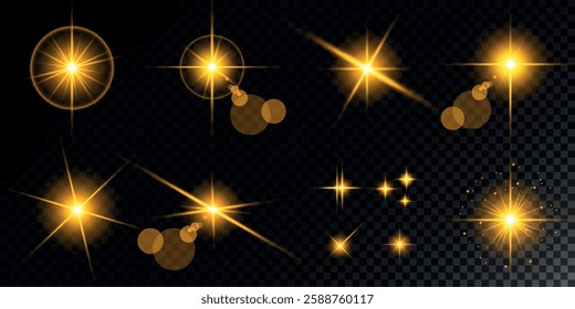 Glowing light bursts with sparks. A set of radiant glow effects, lens flare, explosion, brilliance, light streaks, solar flare, spark, and star. A stunning abstract image of bright flashes and shimmer
