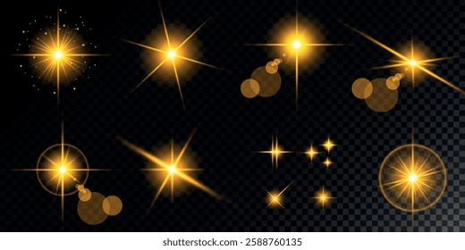 Glowing light bursts with sparks. A set of radiant glow effects, lens flare, explosion, brilliance, light streaks, solar flare, spark, and star. A stunning abstract image of bright flashes and shimmer