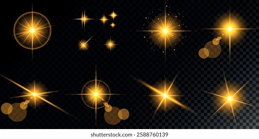 Glowing light bursts with sparks. A set of radiant glow effects, lens flare, explosion, brilliance, light streaks, solar flare, spark, and star. A stunning abstract image of bright flashes and shimmer