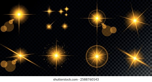 Glowing light bursts with sparks. A set of radiant glow effects, lens flare, explosion, brilliance, light streaks, solar flare, spark, and star. A stunning abstract image of bright flashes and shimmer
