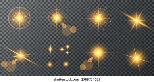 Glowing light bursts with sparks. A set of radiant glow effects, lens flare, explosion, brilliance, light streaks, solar flare, spark, and star. A stunning abstract image of bright flashes and shimmer