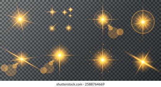 Glowing light bursts with sparks. A set of radiant glow effects, lens flare, explosion, brilliance, light streaks, solar flare, spark, and star. A stunning abstract image of bright flashes and shimmer