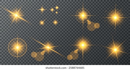 Glowing light bursts with sparks. A set of radiant glow effects, lens flare, explosion, brilliance, light streaks, solar flare, spark, and star. A stunning abstract image of bright flashes and shimmer