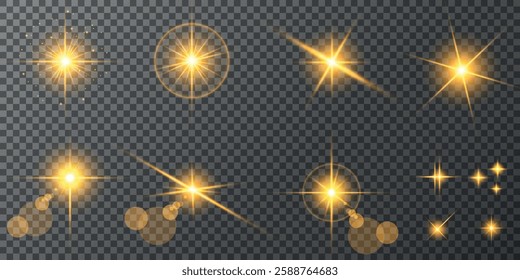 Glowing light bursts with sparks. A set of radiant glow effects, lens flare, explosion, brilliance, light streaks, solar flare, spark, and star. A stunning abstract image of bright flashes and shimmer