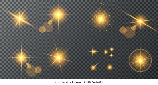 Glowing light bursts with sparks. A set of radiant glow effects, lens flare, explosion, brilliance, light streaks, solar flare, spark, and star. A stunning abstract image of bright flashes and shimmer