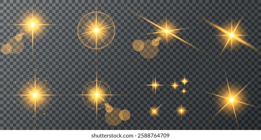 Glowing light bursts with sparks. A set of radiant glow effects, lens flare, explosion, brilliance, light streaks, solar flare, spark, and star. A stunning abstract image of bright flashes and shimmer