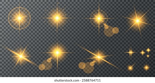 Glowing light bursts with sparks. A set of radiant glow effects, lens flare, explosion, brilliance, light streaks, solar flare, spark, and star. A stunning abstract image of bright flashes and shimmer
