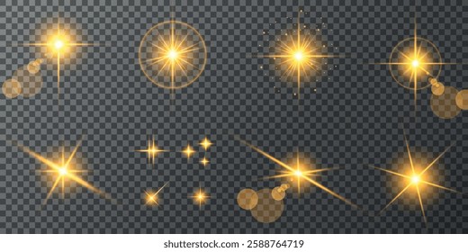 Glowing light bursts with sparks. A set of radiant glow effects, lens flare, explosion, brilliance, light streaks, solar flare, spark, and star. A stunning abstract image of bright flashes and shimmer