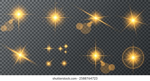 Glowing light bursts with sparks. A set of radiant glow effects, lens flare, explosion, brilliance, light streaks, solar flare, spark, and star. A stunning abstract image of bright flashes and shimmer