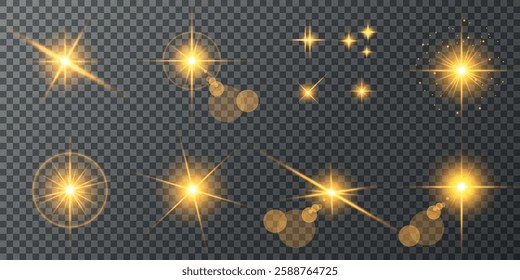 Glowing light bursts with sparks. A set of radiant glow effects, lens flare, explosion, brilliance, light streaks, solar flare, spark, and star. A stunning abstract image of bright flashes and shimmer