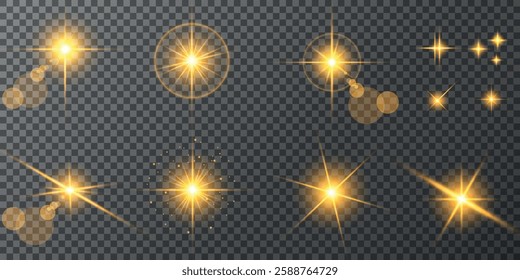 Glowing light bursts with sparks. A set of radiant glow effects, lens flare, explosion, brilliance, light streaks, solar flare, spark, and star. A stunning abstract image of bright flashes and shimmer