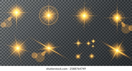Glowing light bursts with sparks. A set of radiant glow effects, lens flare, explosion, brilliance, light streaks, solar flare, spark, and star. A stunning abstract image of bright flashes and shimmer