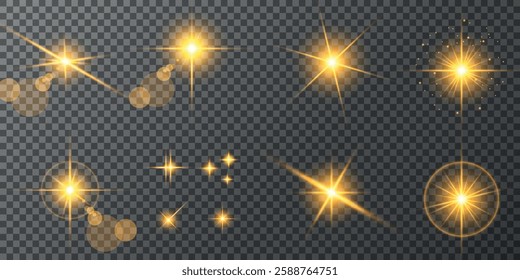 Glowing light bursts with sparks. A set of radiant glow effects, lens flare, explosion, brilliance, light streaks, solar flare, spark, and star. A stunning abstract image of bright flashes and shimmer
