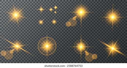 Glowing light bursts with sparks. A set of radiant glow effects, lens flare, explosion, brilliance, light streaks, solar flare, spark, and star. A stunning abstract image of bright flashes and shimmer