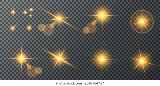 Glowing light bursts with sparks. A set of radiant glow effects, lens flare, explosion, brilliance, light streaks, solar flare, spark, and star. A stunning abstract image of bright flashes and shimmer