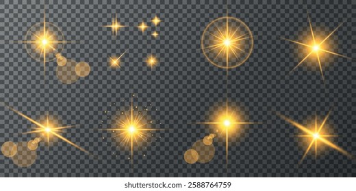 Glowing light bursts with sparks. A set of radiant glow effects, lens flare, explosion, brilliance, light streaks, solar flare, spark, and star. A stunning abstract image of bright flashes and shimmer
