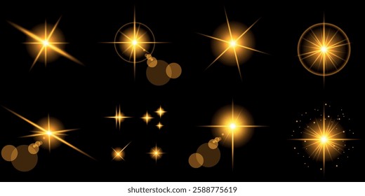 Glowing light bursts with sparks. A set of radiant glow effects, lens flare, explosion, brilliance, light streaks, solar flare, spark, and star. A stunning abstract image of bright flashes and shimmer